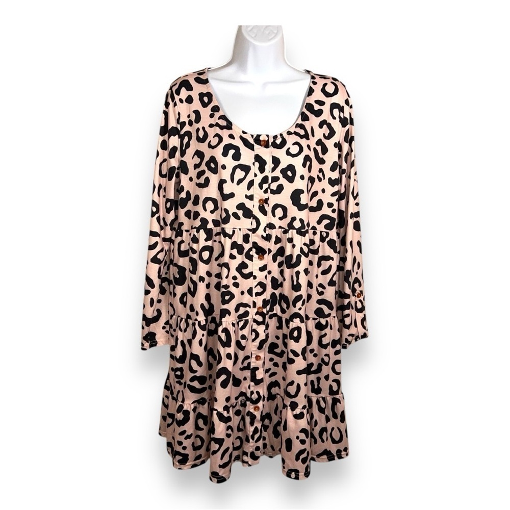 LARGE LEOPARD PRINT TUNIC DRESS TOP RUFFLE LONG SLEEVE STRETCH BLACK CREAM/PINK